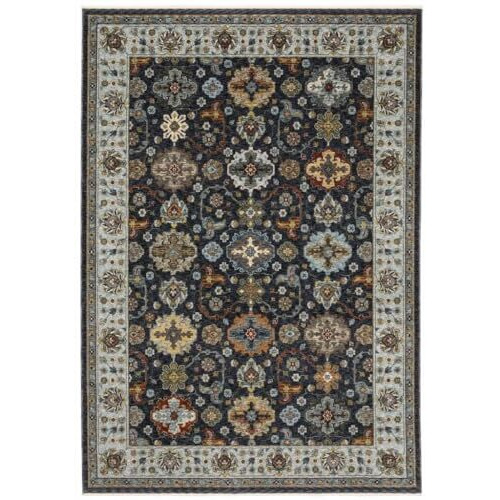 HomeRoots 508005 3 x 5 ft. Blue Red Beige Yellow Gray Rust & Gold Oriental Power Loom Stain Resistant Rectangle Area Rug with Fringe