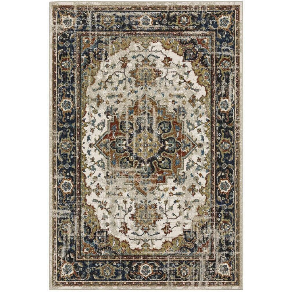 HomeRoots 509855 4 x 6 ft. Beige Blue Green Rust & Gray Oriental Power Loom Stain Resistant Rectangle Area Rug