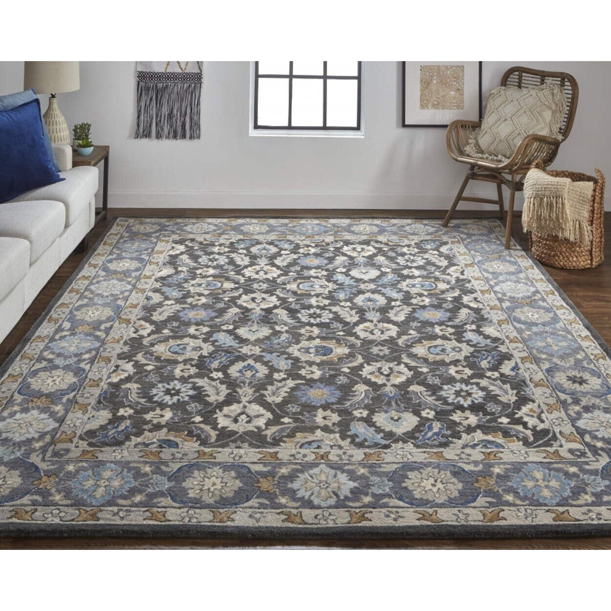 HomeRoots 514828 4 x 6 ft. Taupe Blue & Ivory Wool Floral Hand Tufted Handmade Rectangle Area Rug