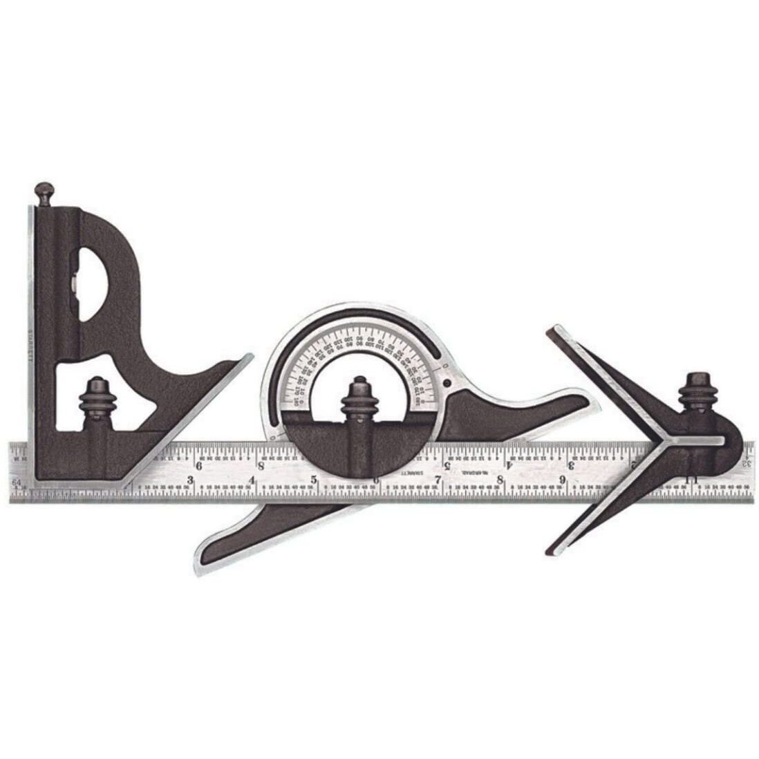 Starrett Combination Set with Square, Center and Non-Reversible Protractor Head and Blade - 12  Blade Length, Hardened Steel, 4R Graduation Type - 9-12-4R