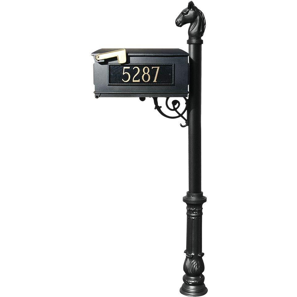 QualArc Equine Mailbox with Address Plate Ornate Base and Post, BLACK