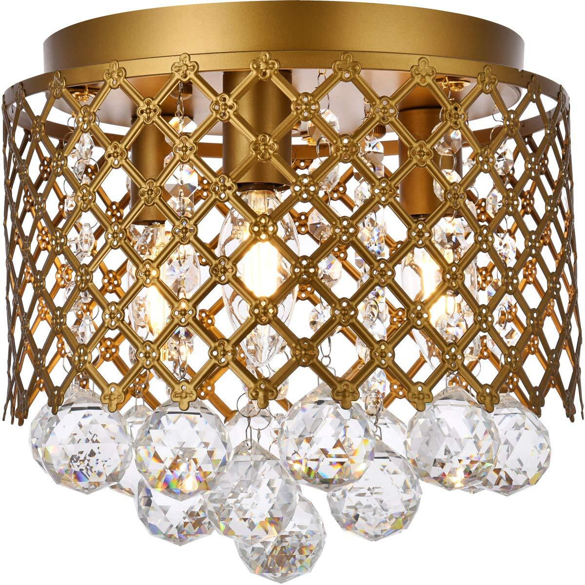 Elegant Lighting Living District Tully 3-Light Contemporary Metal Flush Mount in Brass and Clear