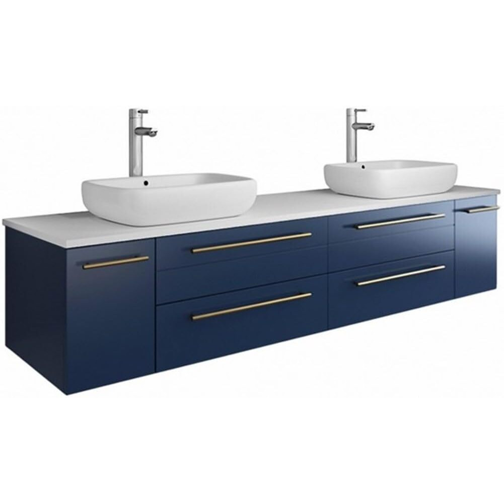 Fresca FCB6172RBL-VSL-D-CWH-V Lucera 72  Blue Wall Hung Modern Bathroom Cabinet w/Top & Double Vessel Sinks, Four Spacious Drawers with a Decorative Beveled Drawer Plate Design