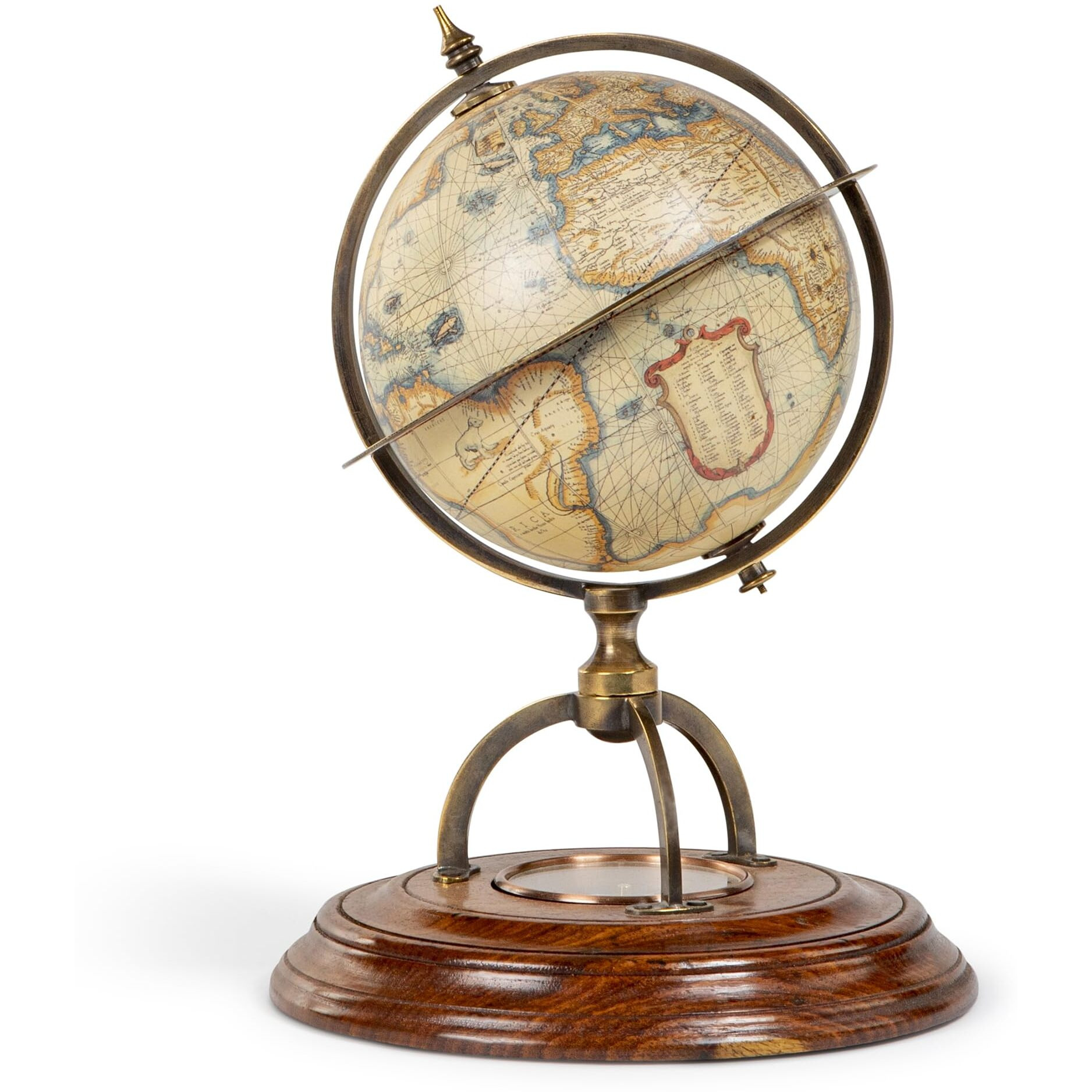 GL019 Terrestrial Globe ith Compass by Authentic Models - Vintage Desk Globe ith Stand - Library Home Office World Globe for Adults - Spinning Earth Globe