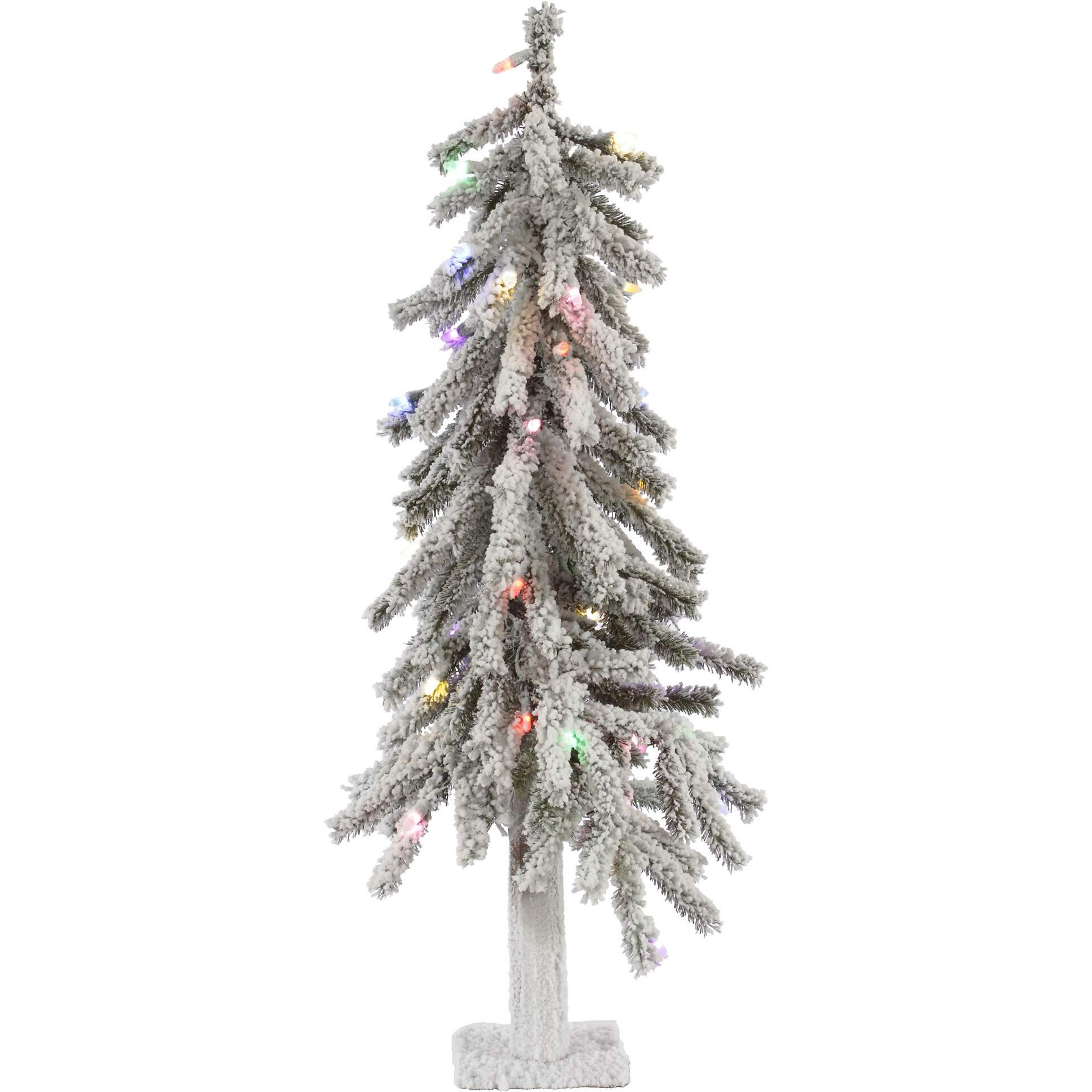 Vickerman 2' Flocked Alpine Artificial Christmas Tree, Multi-Colored LED Dura-Lit Lights - Sno Covered Faux Tree - Seasonal Indoor Home Decor - Real Wood Trunk