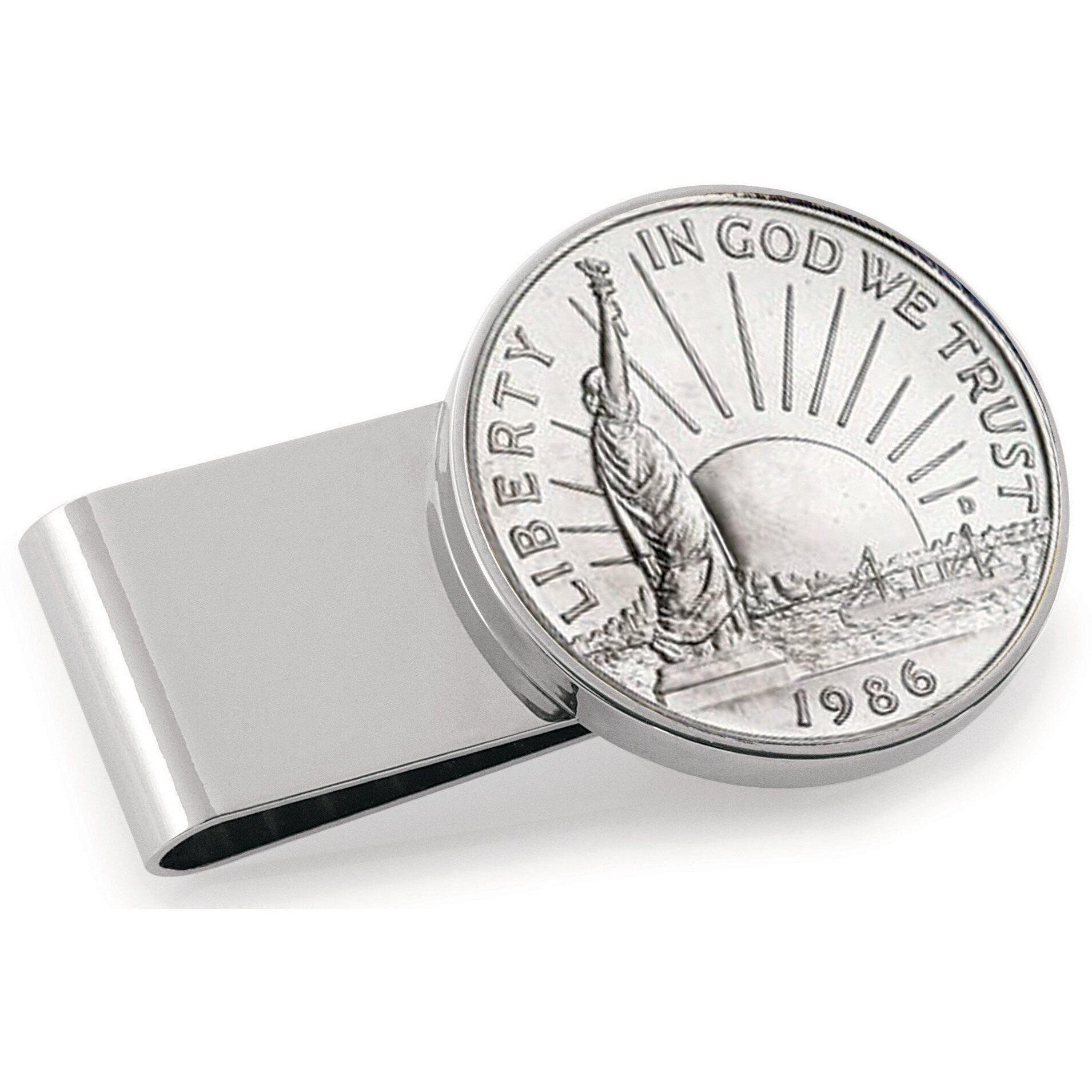 Coin Money Clip - 1986 Statue of Liberty Commemorative Half Dollar | Stainless Steel Moneyclip Layered in Silver-Tone Rhodium | Holds Currency, Credit Cards, Cash | Genuine U.S. Coin