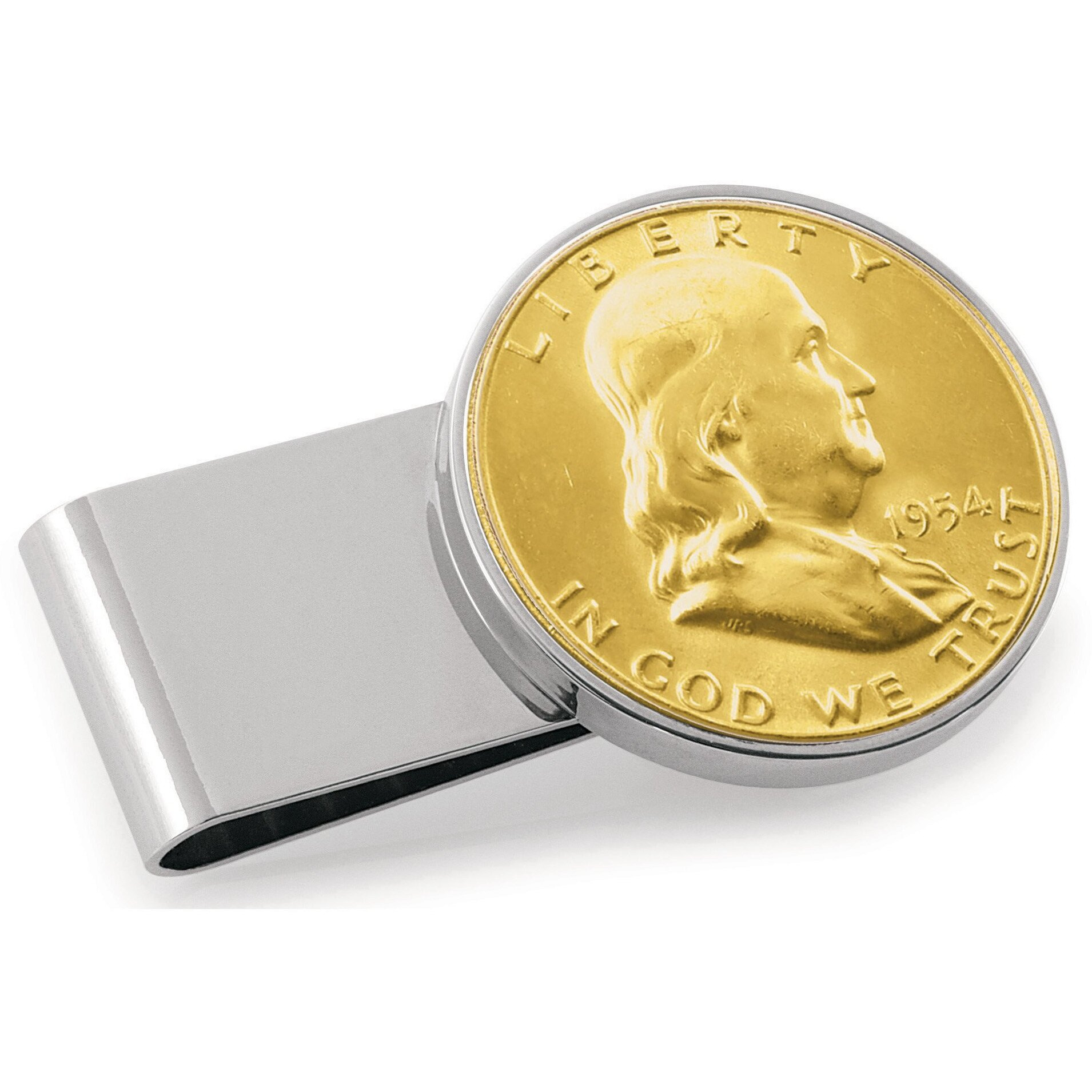 Coin Money Clip - Silver Franklin Half Dollar Layered in Pure 24k Gold | Stainless Steel Moneyclip Layered in Silver-Tone Rhodium | Holds Currency, Credit Cards, Cash | Genuine U.S. Coin