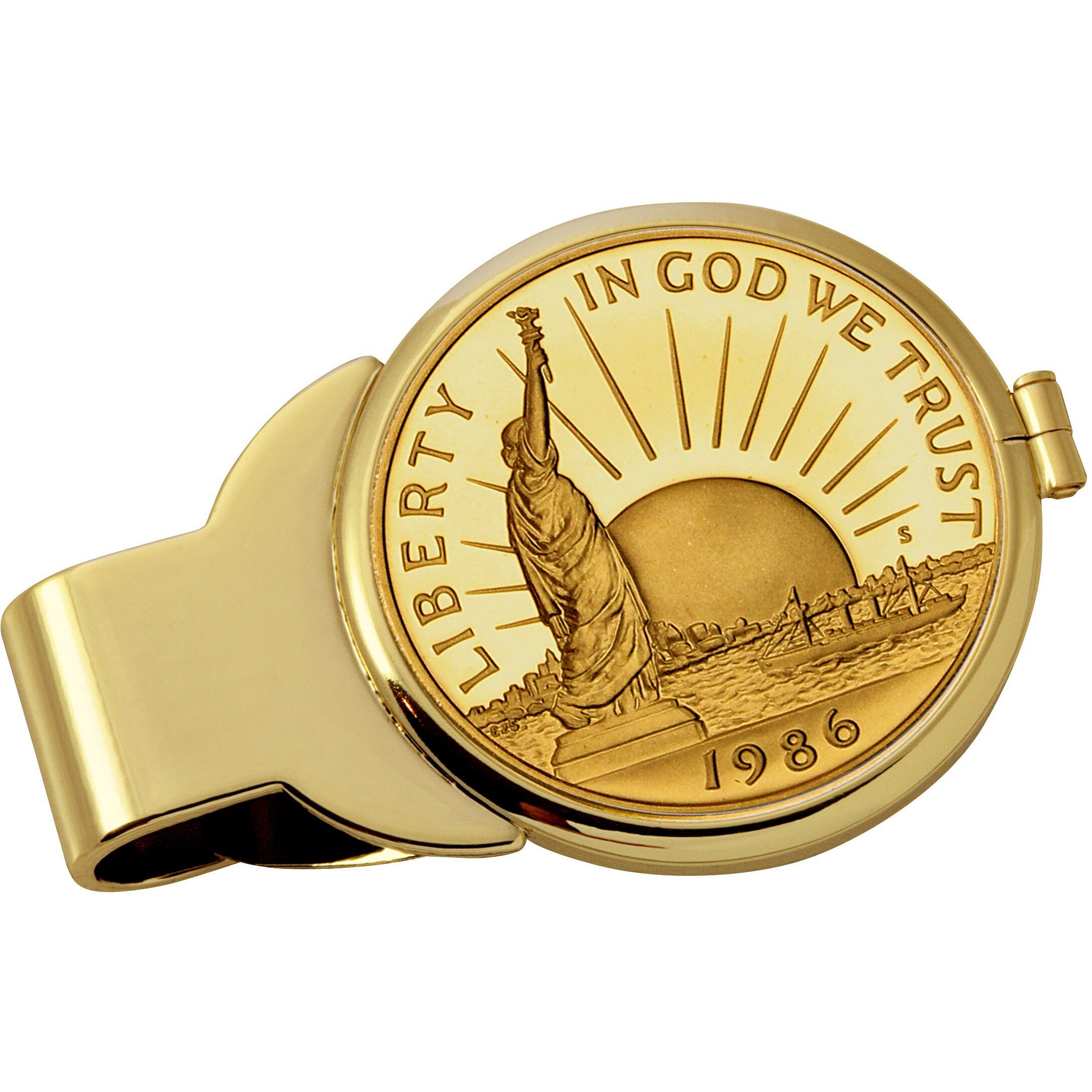 Coin Money Clip - 1986 Statue of Liberty Commemorative Half Dollar Layered in Pure 24k Gold | Brass Moneyclip Layered in Pure 24k Gold | Holds Currency, Credit Cards, Cash | Genuine U.S. Coin