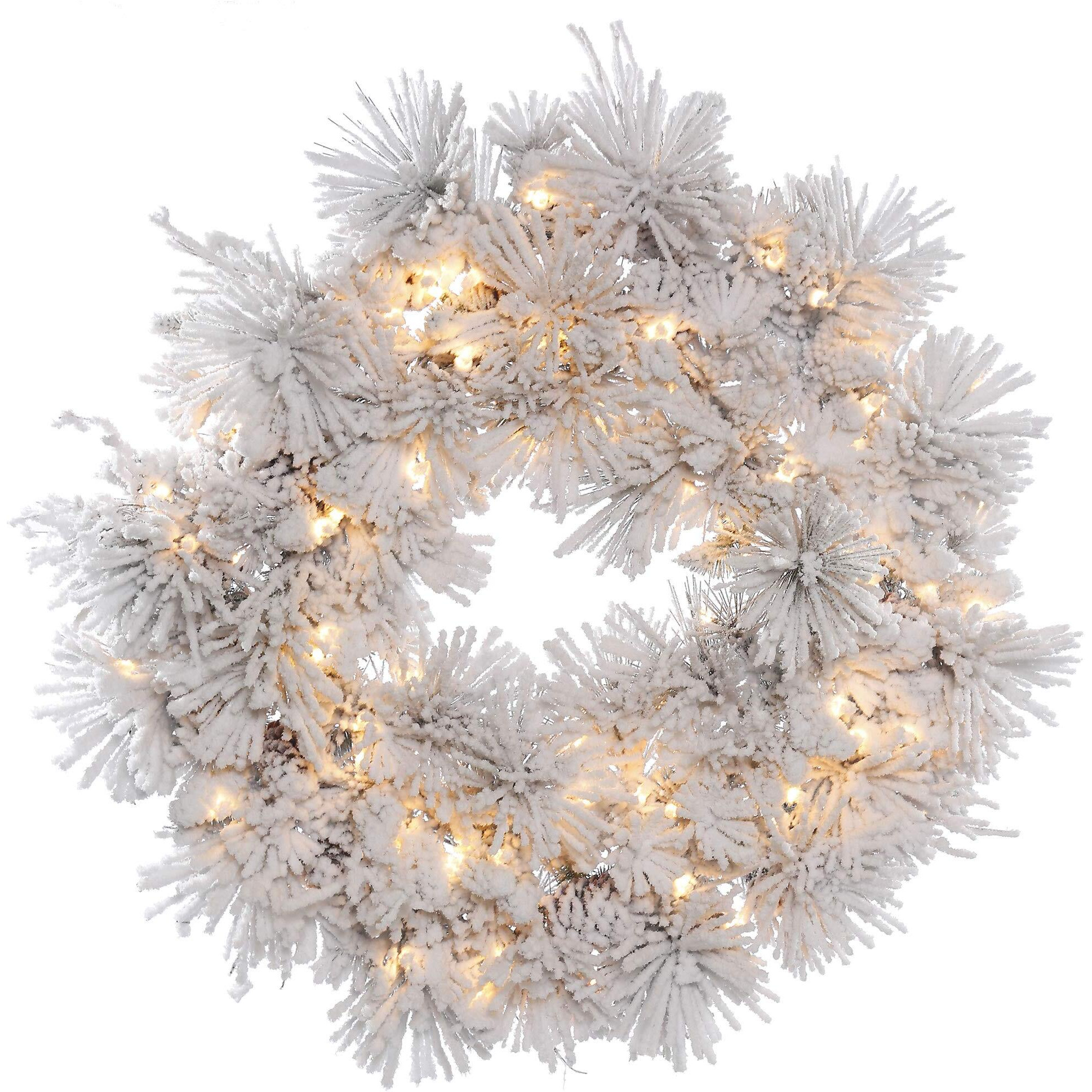 Vickerman 30  Flocked Alberta Artificial Christmas Wreath, Clear Dura-lit Incandescent Lights - Faux Snoy Christmas Wreath - Seasonal Indoor Home Decor