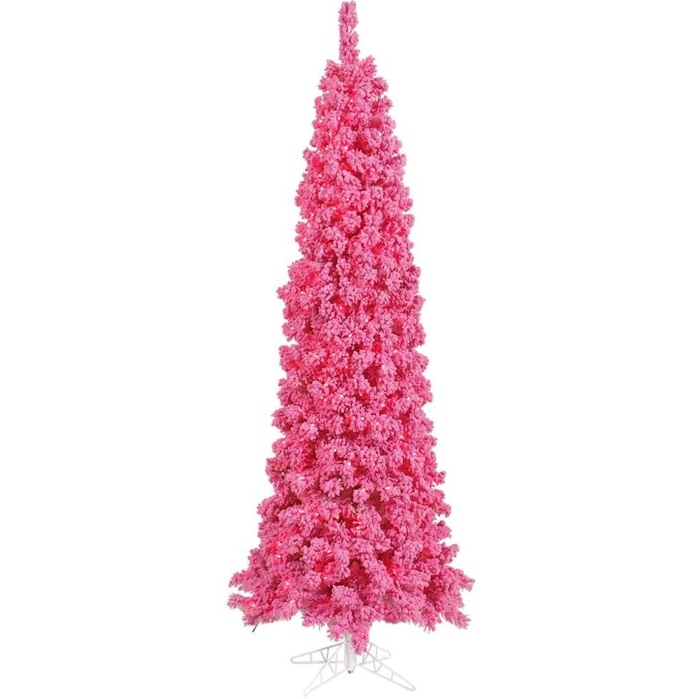 Vickerman 7.5' Flocked Pink Fir Artificial Christmas Tree, Pink Dura-lit LED Lights - Sno Covered Faux Pink Tree - Seasonal Indoor Home Decor