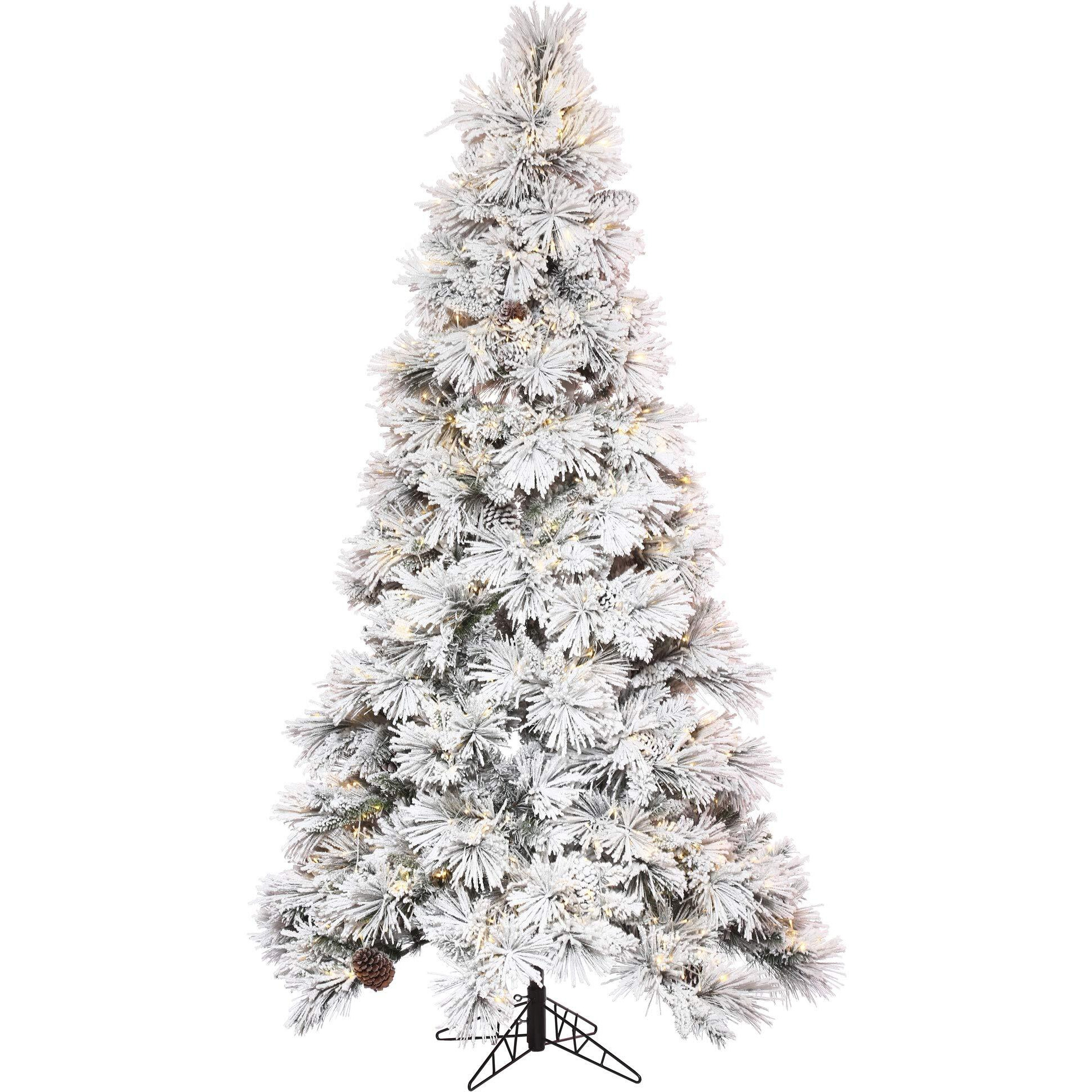 Vickerman 10' x 63  Flocked Atka Pine Slim Artificial Prelit Christmas Tree, Warm White Wide Angle Lo Voltage 3mm LED Lights, Sno Covered Faux Tree - Seasonal Indoor Home Decor