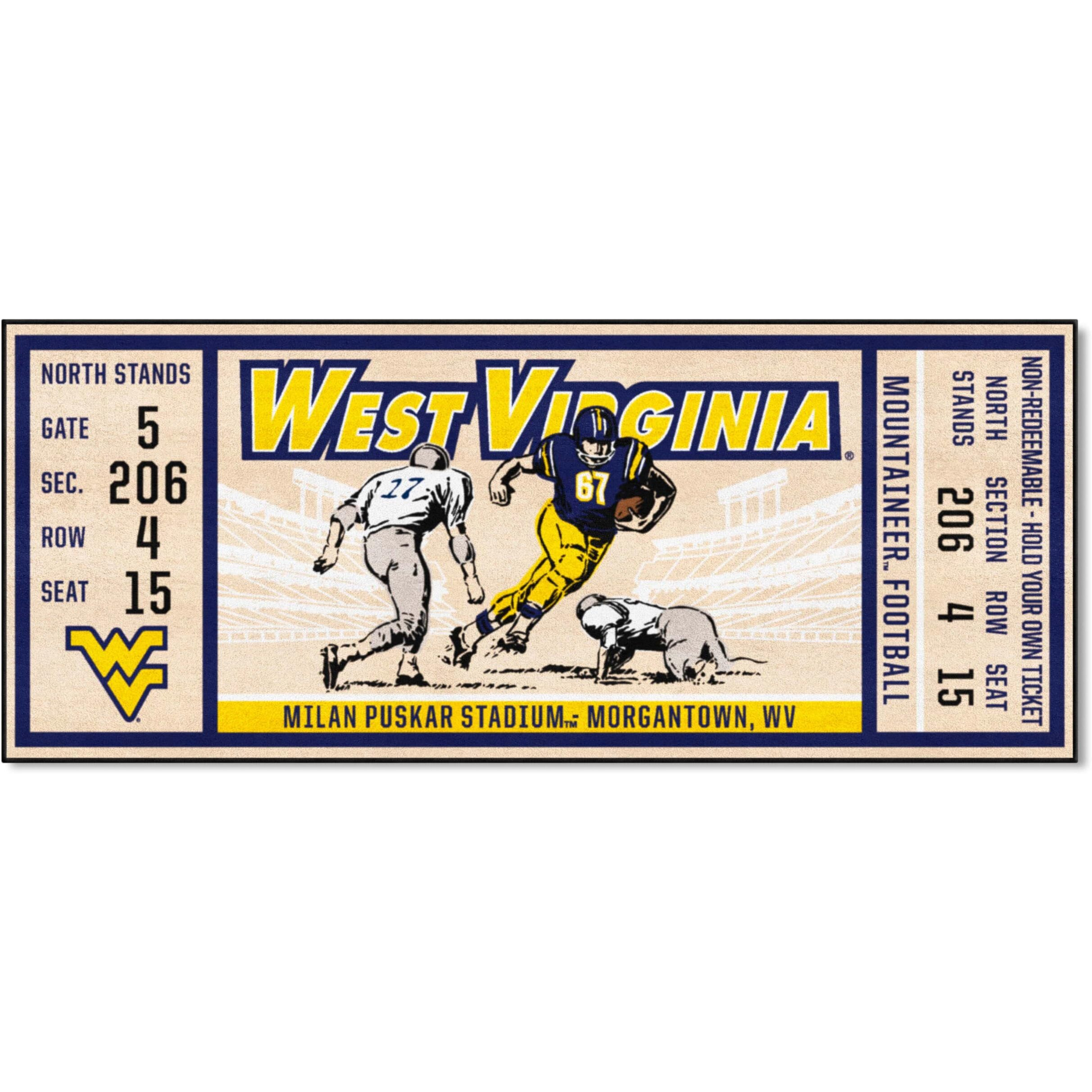 FANMATS 23153 NCAA - West Virginia Mountaineers Ticket Design Runner Rug - 30in. x 72in. | Sports Fan Area Rug, Home Decor Rug and Tailgating Mat