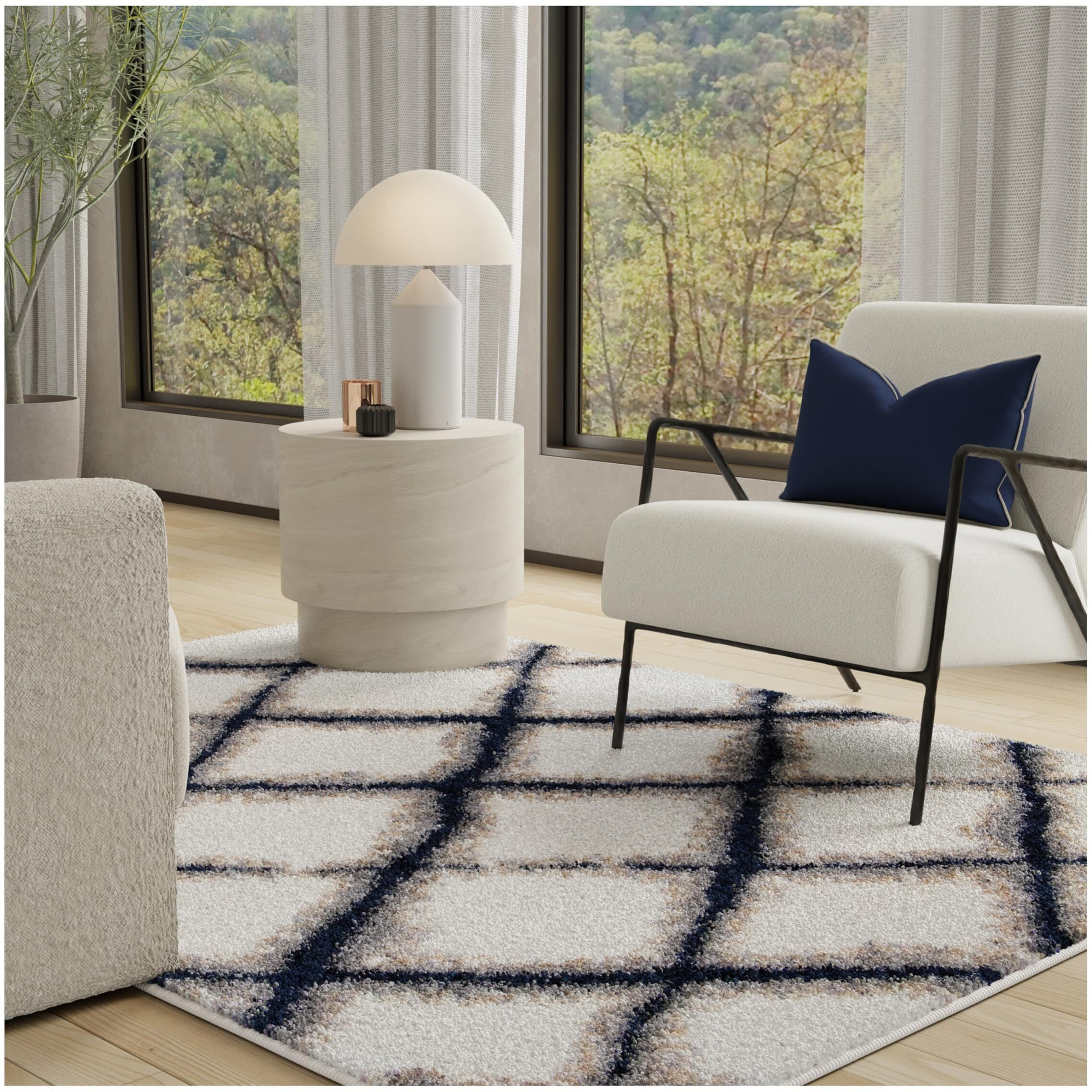 Line Trellis Plush Area Rug - 5'3  x 7'6  Rectangle in Ivory, Modern Geometric Cotton Tail, Easy to Clean, Durable, Stain-Resistant Rug for Bedroom, Living Room, Dining Room, or Indoor Home Decor