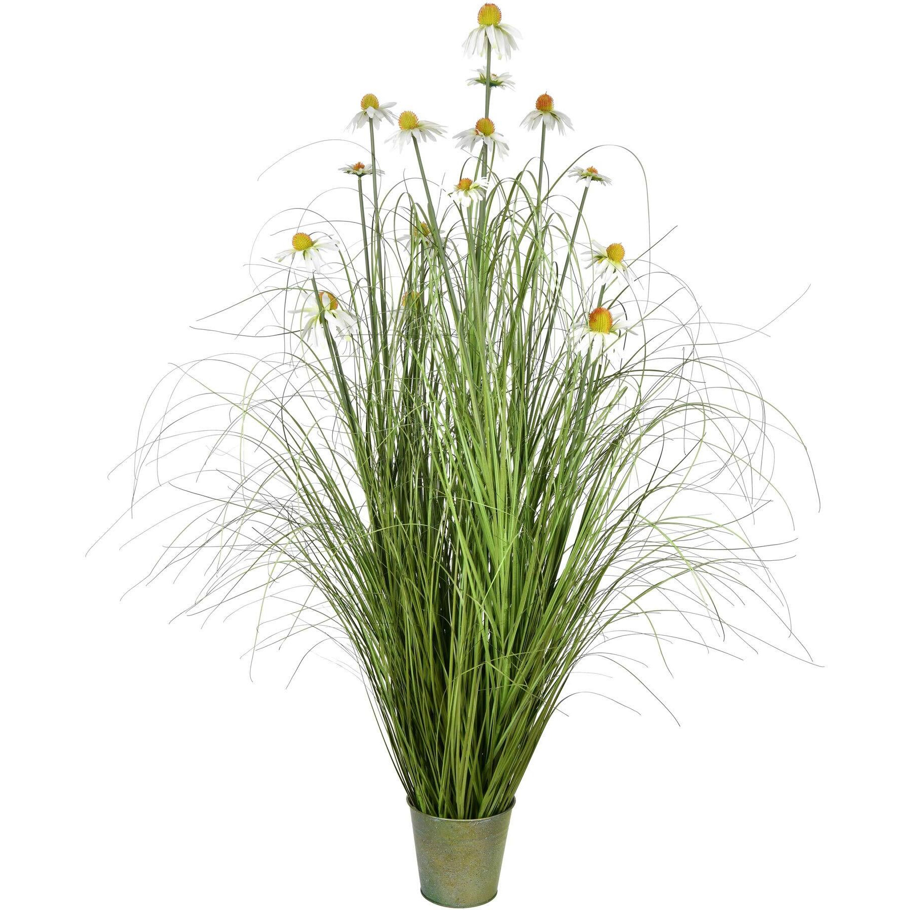 Vickerman Everyday 60  Artificial Green Grass and Daisies with Iron Pot - Faux Grass Plant Decor - Home Or Office Indoor Greenery Accent - Maintenance Free