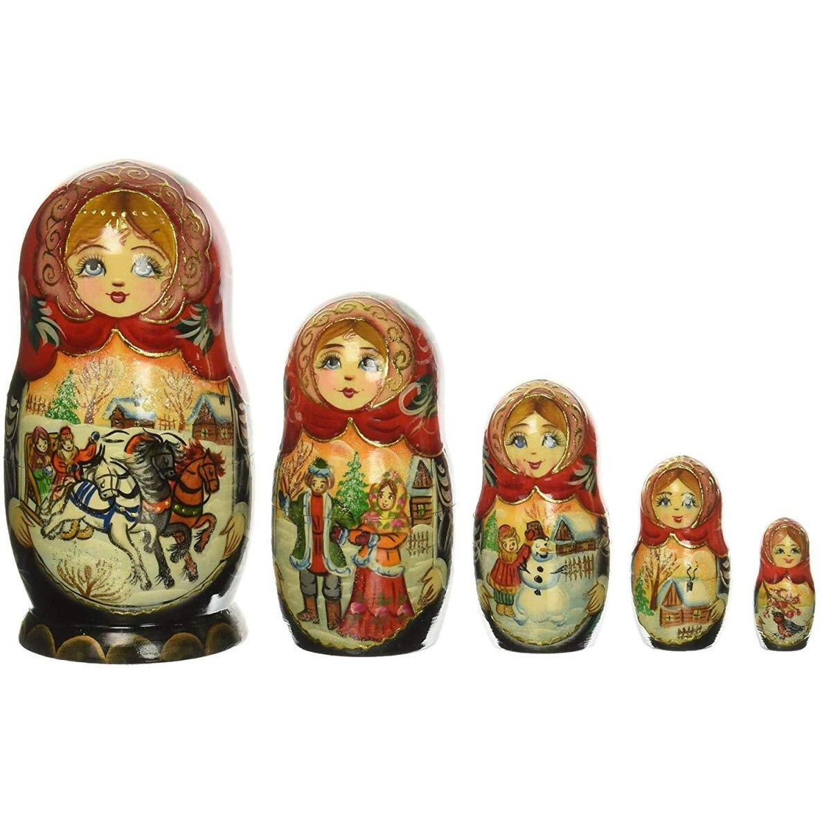 G.DeBrekht 140075 5 Piece Russian Matryoshka Wooden Stacking Winter Play Nested Dolls Set