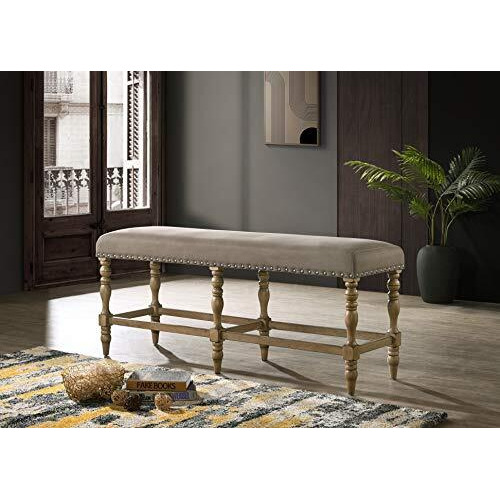 Roundhill Furniture Birmingham Microfiber Upholstered Counter Height Bench with Nail Head Trim in Driftwood Finish