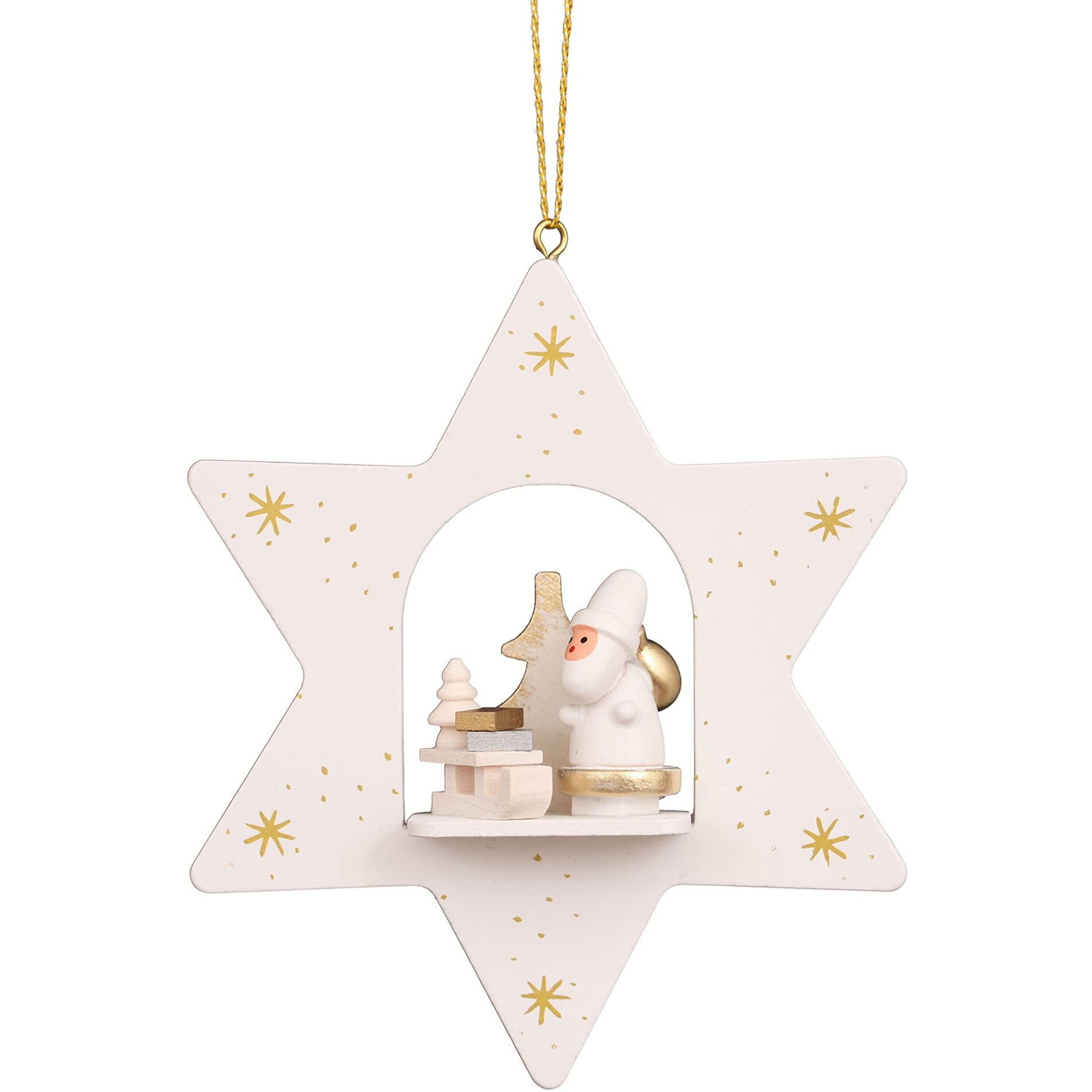 Christian Ulbricht Decorative White Star ith Santa and Sled Ornament - 3.75  H x 3.25  W x 1  D