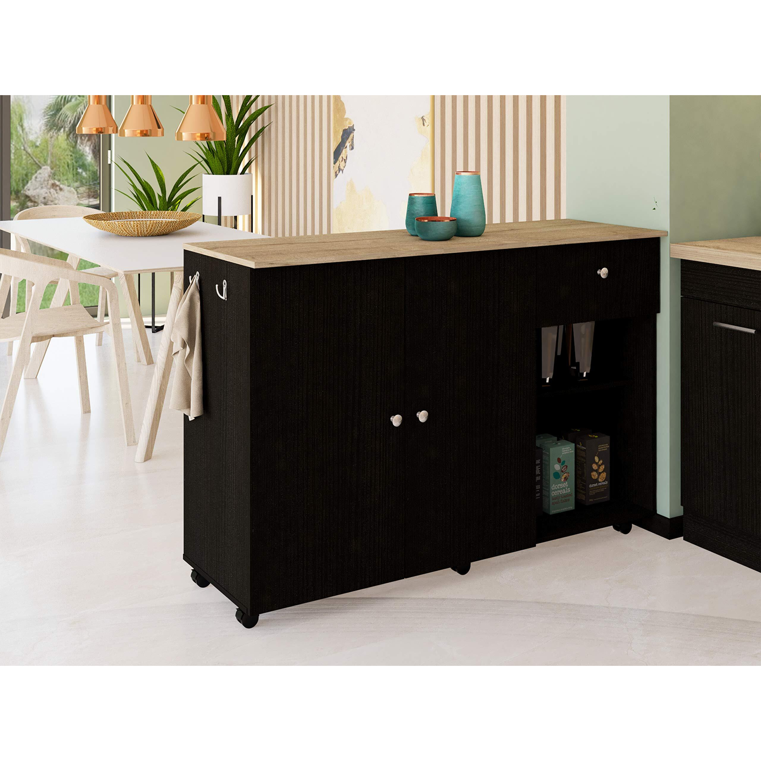 Syros Kitchen Island Cart, 6 Carter, 1 Drawer, Double Door Cabinet, 2 External Shelves, 4 Interior Shelves, Black/Macadamia