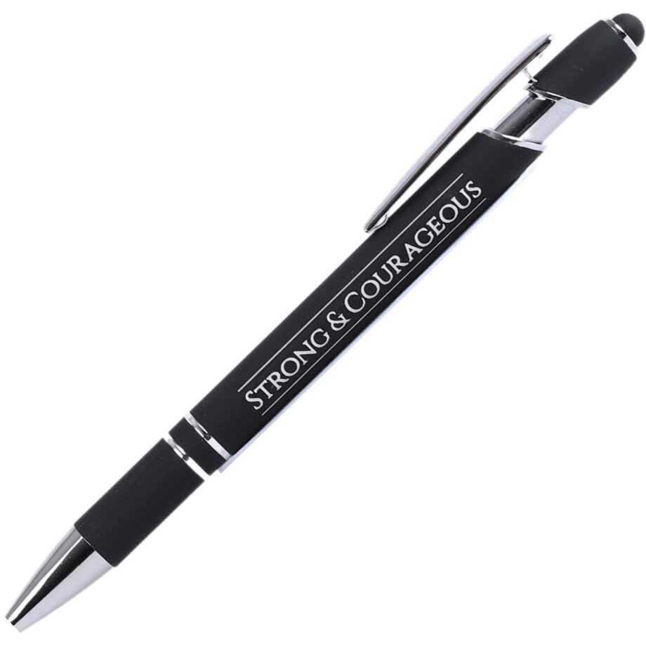 Strong & Courageous Black Retractable Ballpoint Pen ith Stylus Tip Black Ink Writing Pen No Bleed Through | Inspirational Religious Gift for Christians