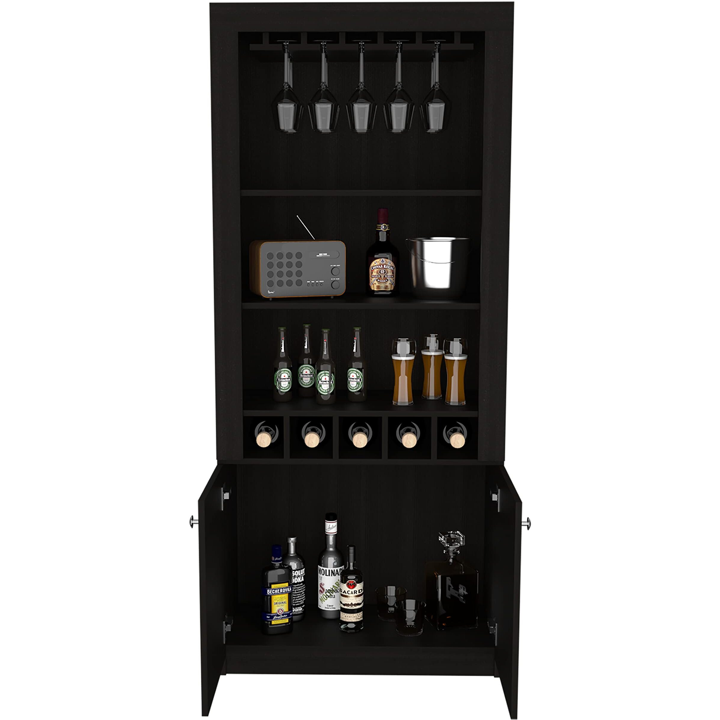 Dakota Bar Double Door Cabinet ith 5 Wine Cubbies, Rack, and 2 Open Shelves, Black