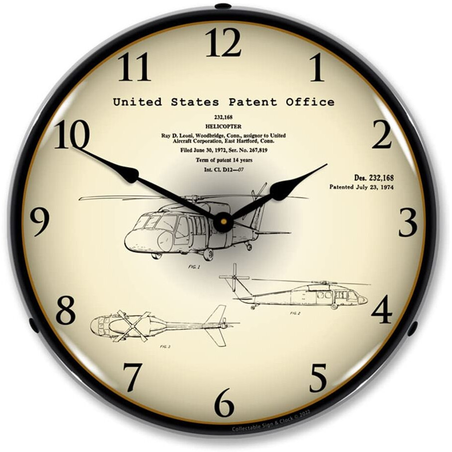 1972 Sikorsky UH-60 Black Hawk Patent LED Wall Clock, Retro/Vintage, Lighted 14 inch