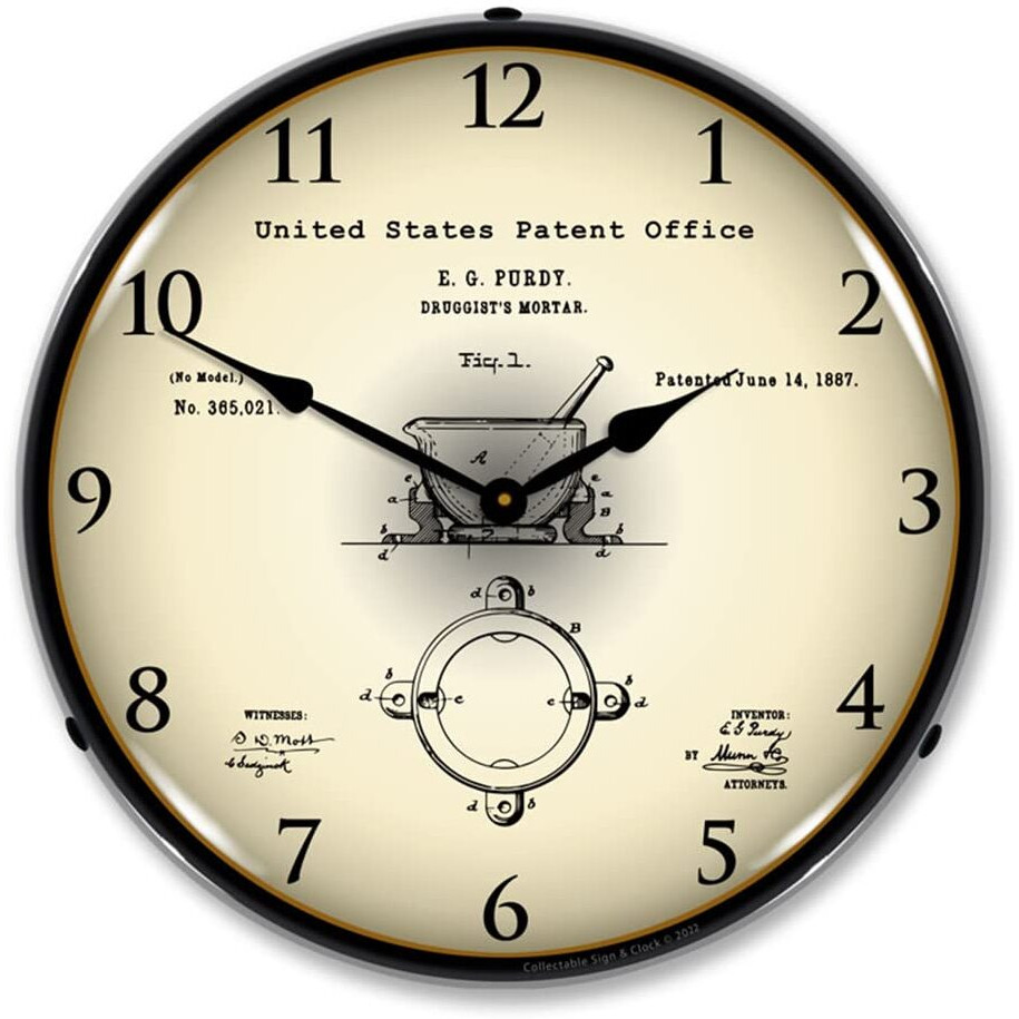 1887 Pharmacist Druggist Mortar LED Wall Clock, Military Patch Design, Lighted 14 inch