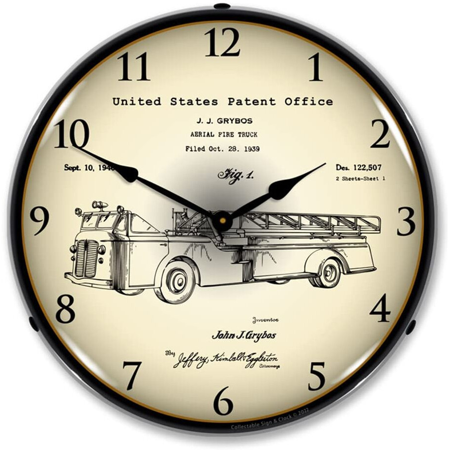 1939 Fire Truck Patent LED Wall Clock, Military Patch Design, Lighted 14 inch