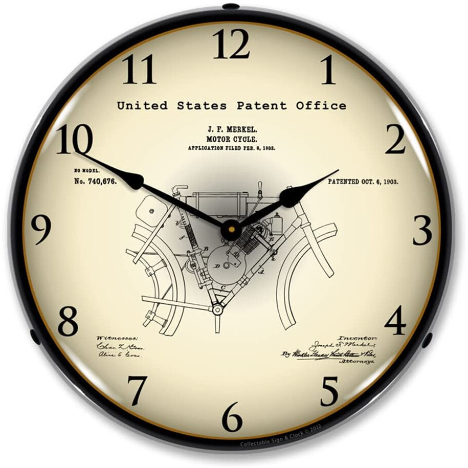 1902 Merkel Motorcycle Patent LED Wall Clock, Military Patch Design, Lighted 14 inch