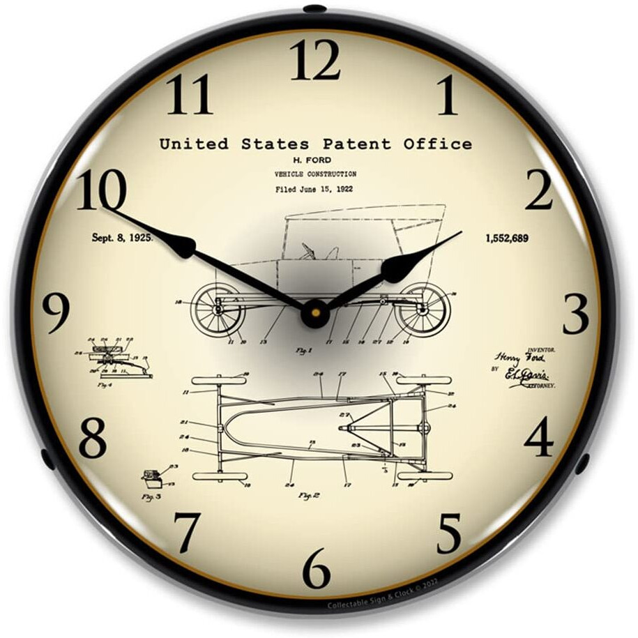 1922 Henry Ford Vehicle Construction Patent LED Wall Clock, Retro/Vintage, Lighted 14 inch