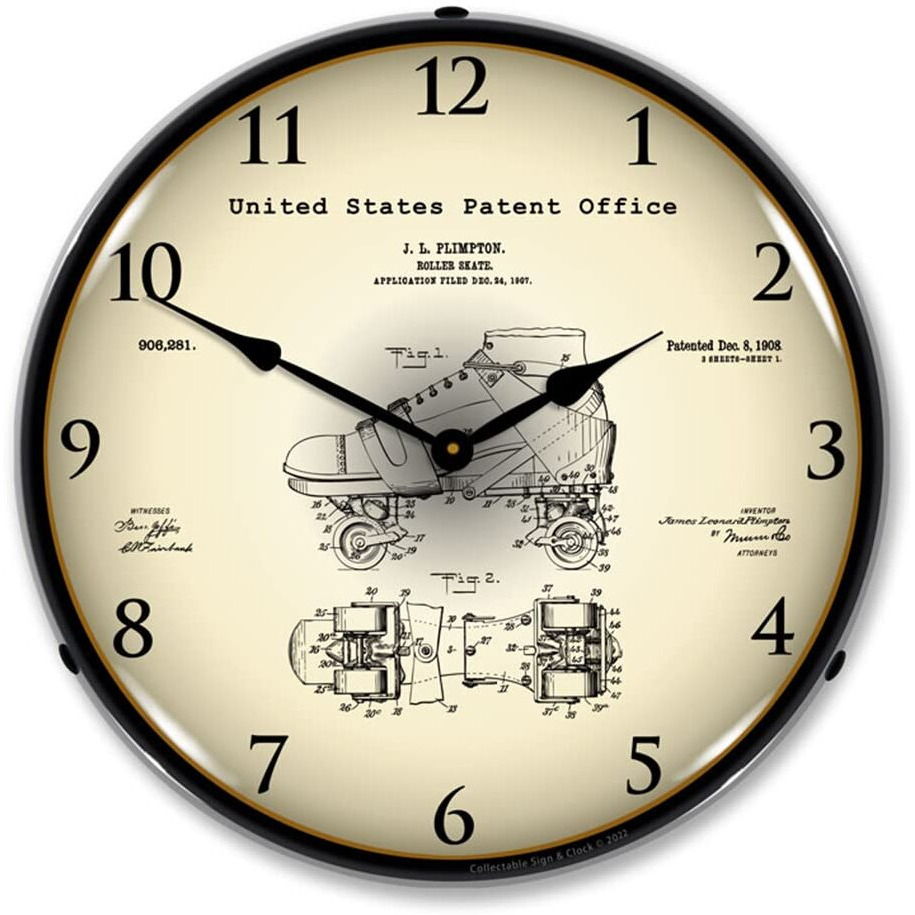 1907 Plimpton Roller Skate Patent LED Wall Clock, Military Patch Design, Lighted 14 inch