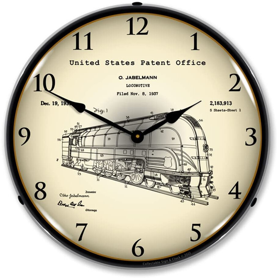 1937 Jabelmann Locomotive Patent LED Wall Clock, Military Patch Design, Lighted 14 inch