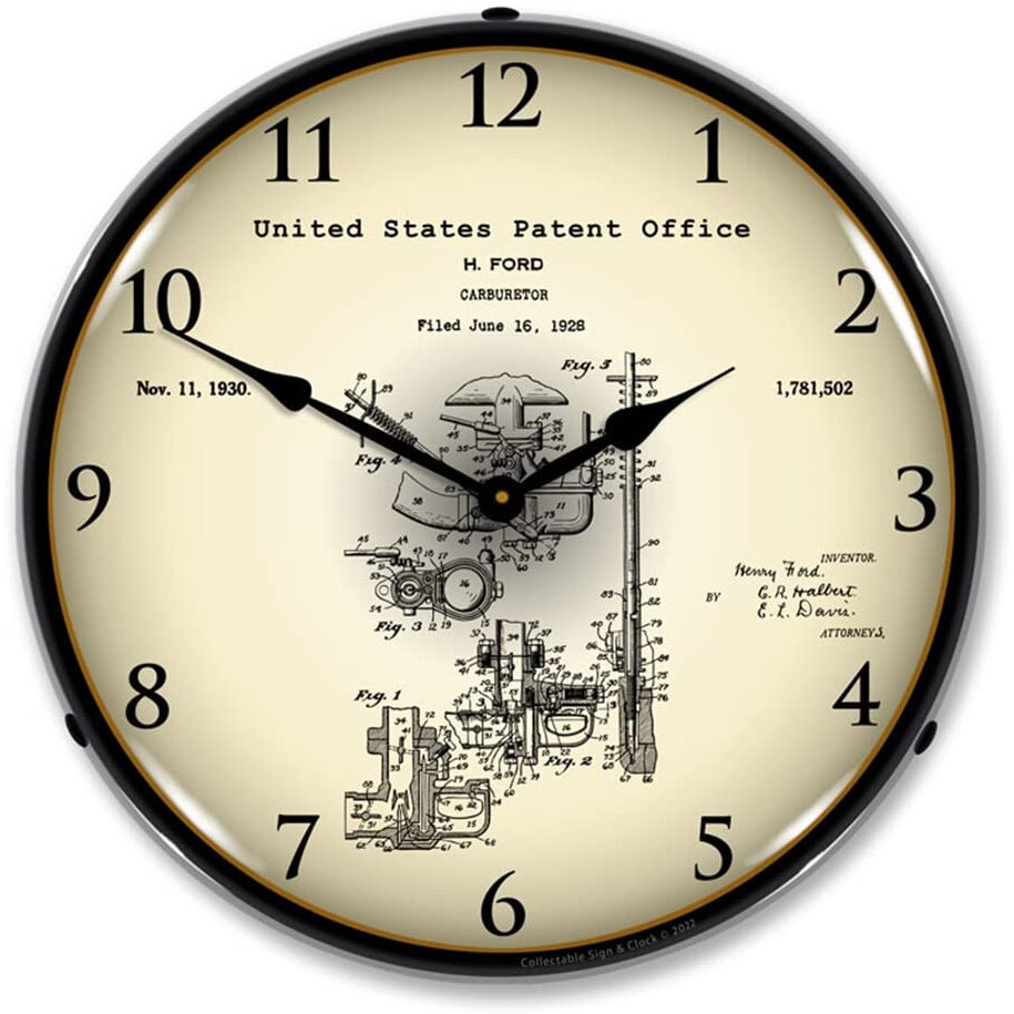 1928 Henry Ford Carburetor Patent LED Wall Clock, Retro/Vintage, Lighted 14 inch