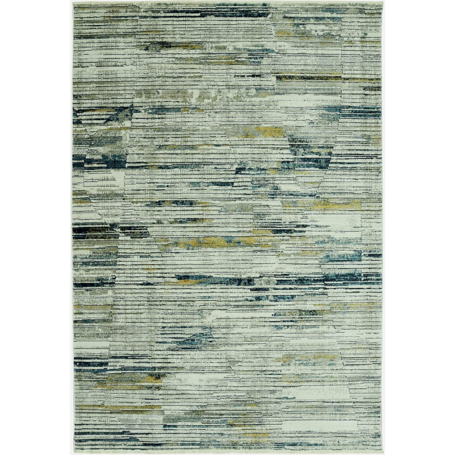 HomeRoots Ivory/Blue Shrink Polyester 8 x 11 Blue Ivory Abstract Striped Area Rug