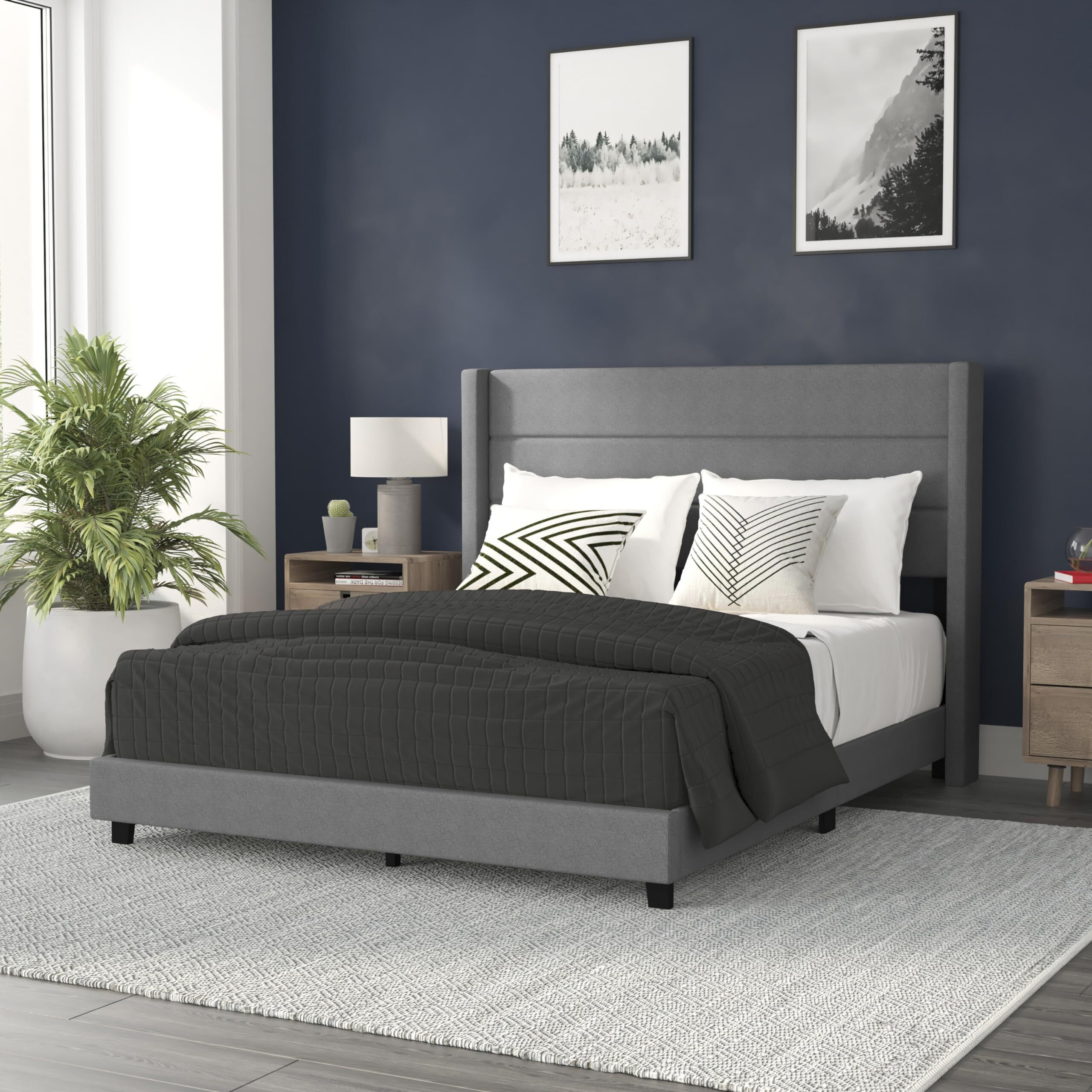 Flash Furniture Hollis Upholstered Platform Bed - Gray Faux Linen Wingback Headboard - Queen - Mattress Foundation with Slatted Supports - No Box Spring Needed