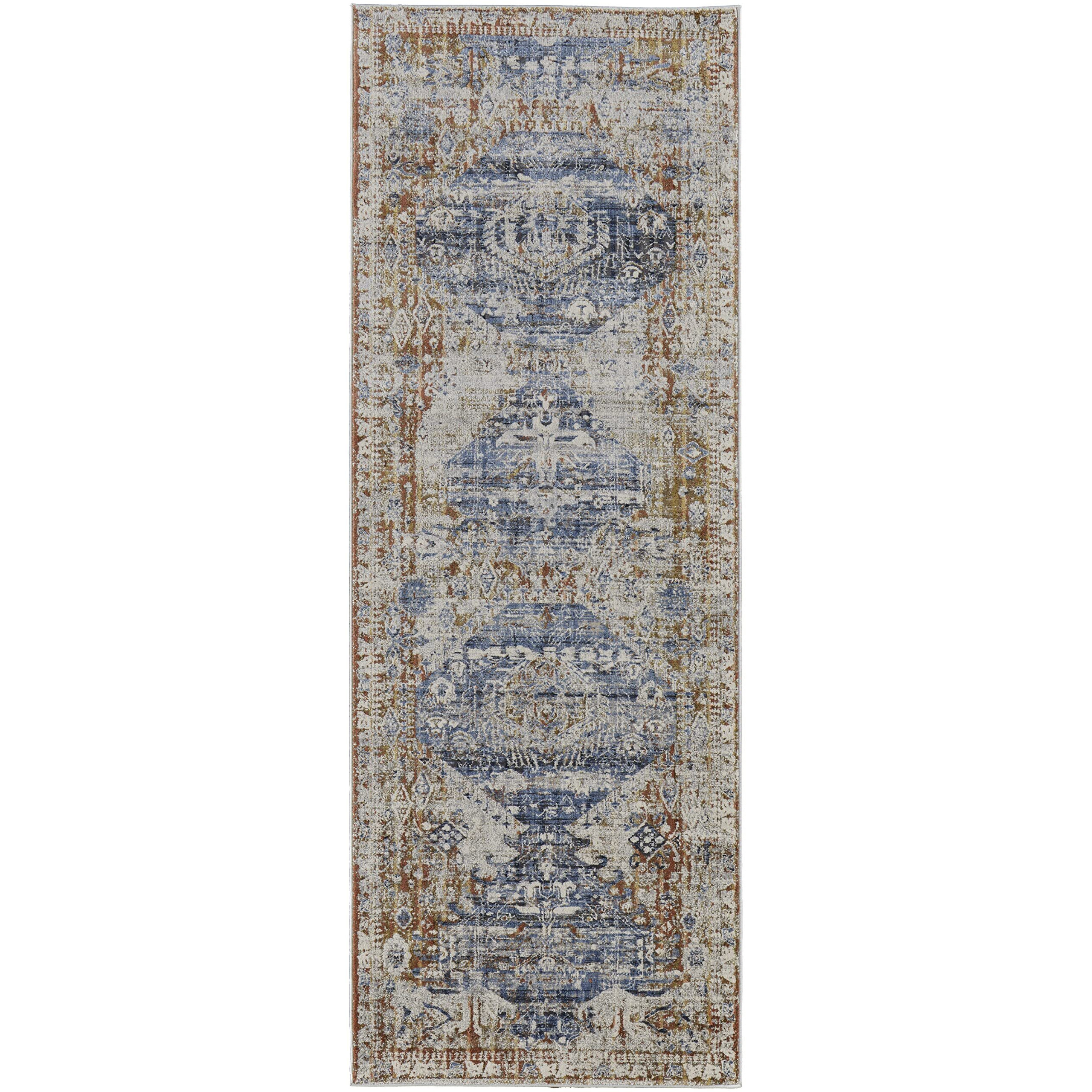 10' Ivory Orange And Blue Floral Power Loom Distressed Runner Rug With Fringe