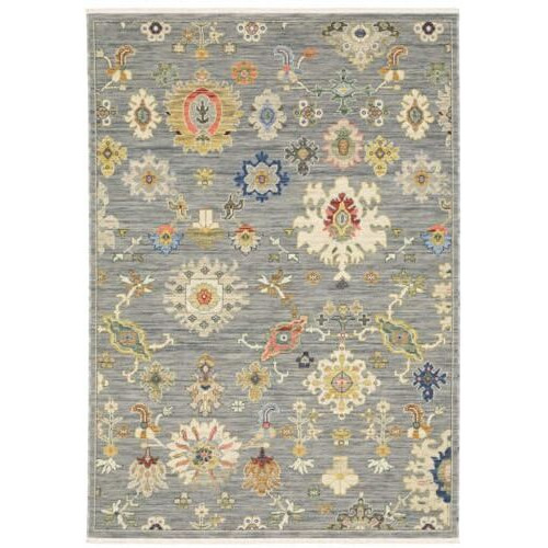 HomeRoots 509321 6 x 9 ft. Gray Ivory Gold Salmon Red Blue & Green Oriental Power Loom Stain Resistant Rectangle Area Rug with Fringe