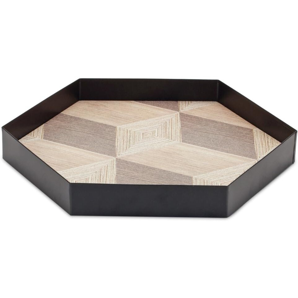 HomeRoots 516329 12 in. Natural & Black Hexagon Trays - Set of 3