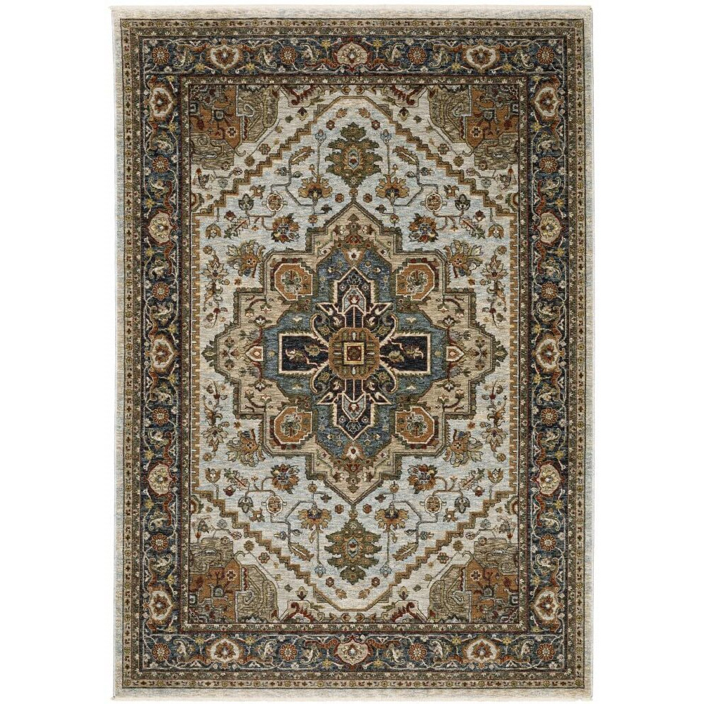 HomeRoots 508077 6 x 9 ft. Ivory Beige Blue Orange Gold Green Gray & Rust Oriental Power Loom Stain Resistant Rectangle Area Rug with Fringe