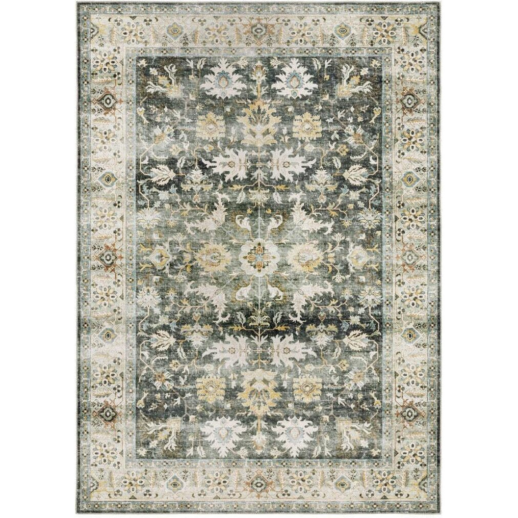 HomeRoots 510405 7 x 10 ft. Gray Charcoal Gold Brown Ivory Pale Sage & Light Blue Oriental Printed Stain Resistant Non Skid Rectangle Area Rug