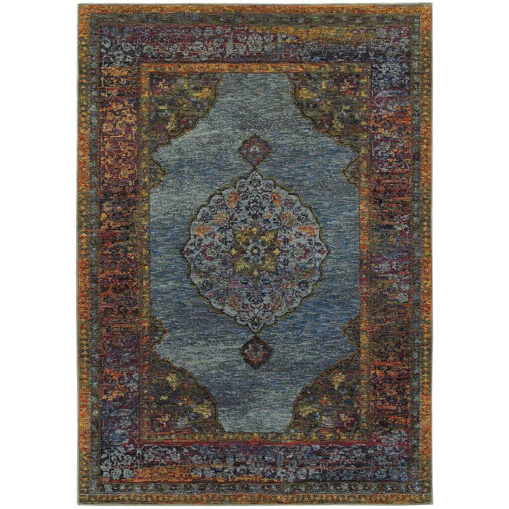 HomeRoots 510131 10 x 13 ft. Blue Gold Green Red Orange & Purple Oriental Power Loom Stain Resistant Rectangle Area Rug