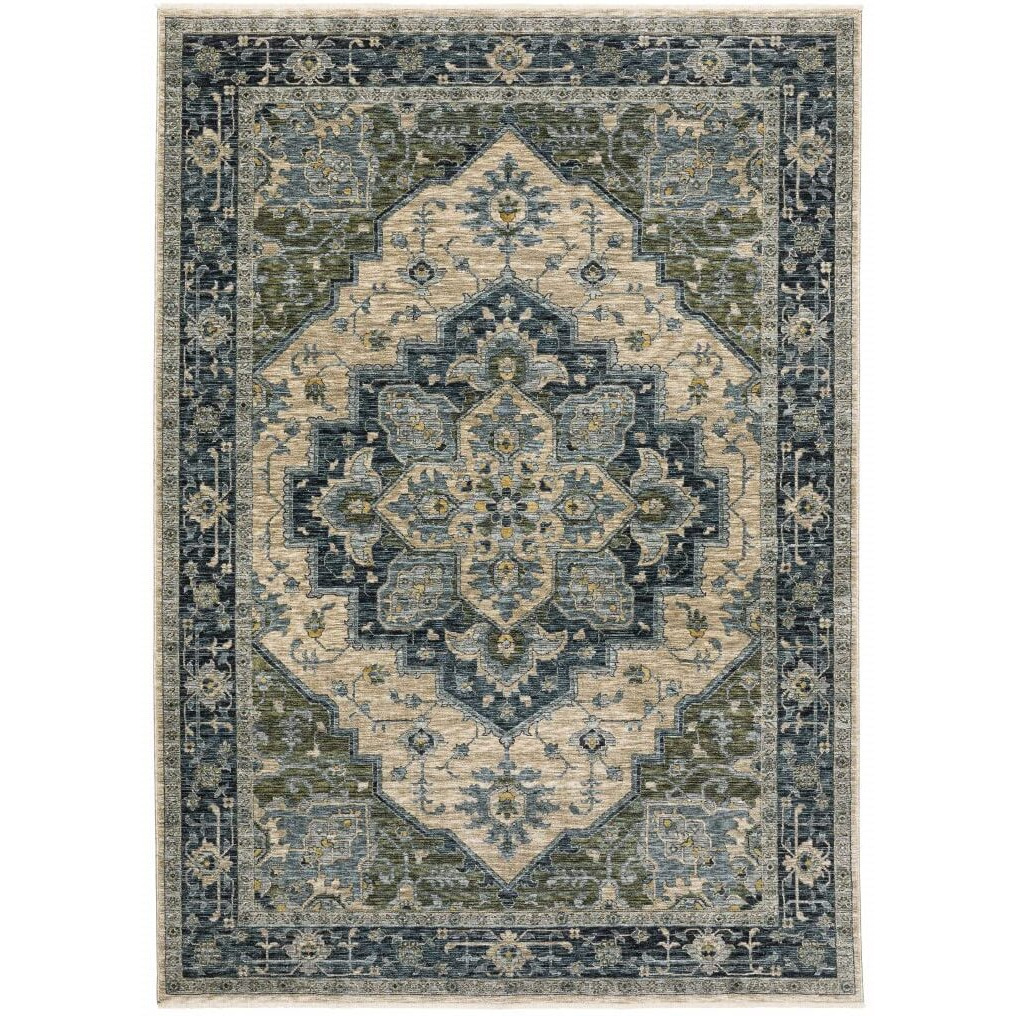 HomeRoots 508050 8 x 11 ft. Blue Gray Beige Tan Green & Gold Oriental Power Loom Stain Resistant Rectangle Area Rug with Fringe