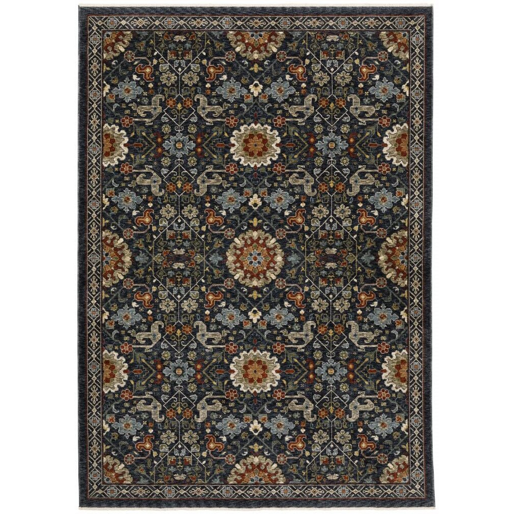 HomeRoots 507973 8 x 11 ft. Blue Red Ivory & Gold Oriental Power Loom Stain Resistant Rectangle Area Rug with Fringe