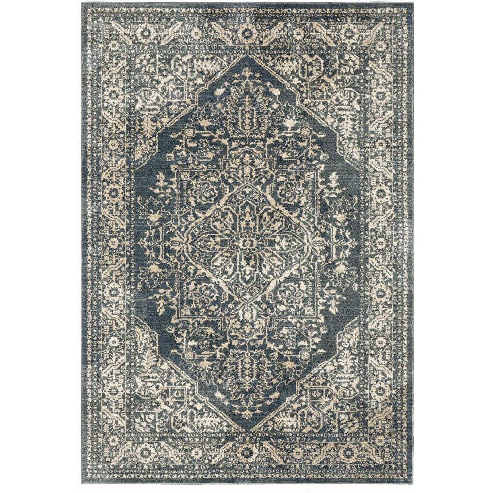 HomeRoots 508830 10 x 13 ft. Beige Gray & Blue Oriental Power Loom Stain Resistant Rectangle Area Rug