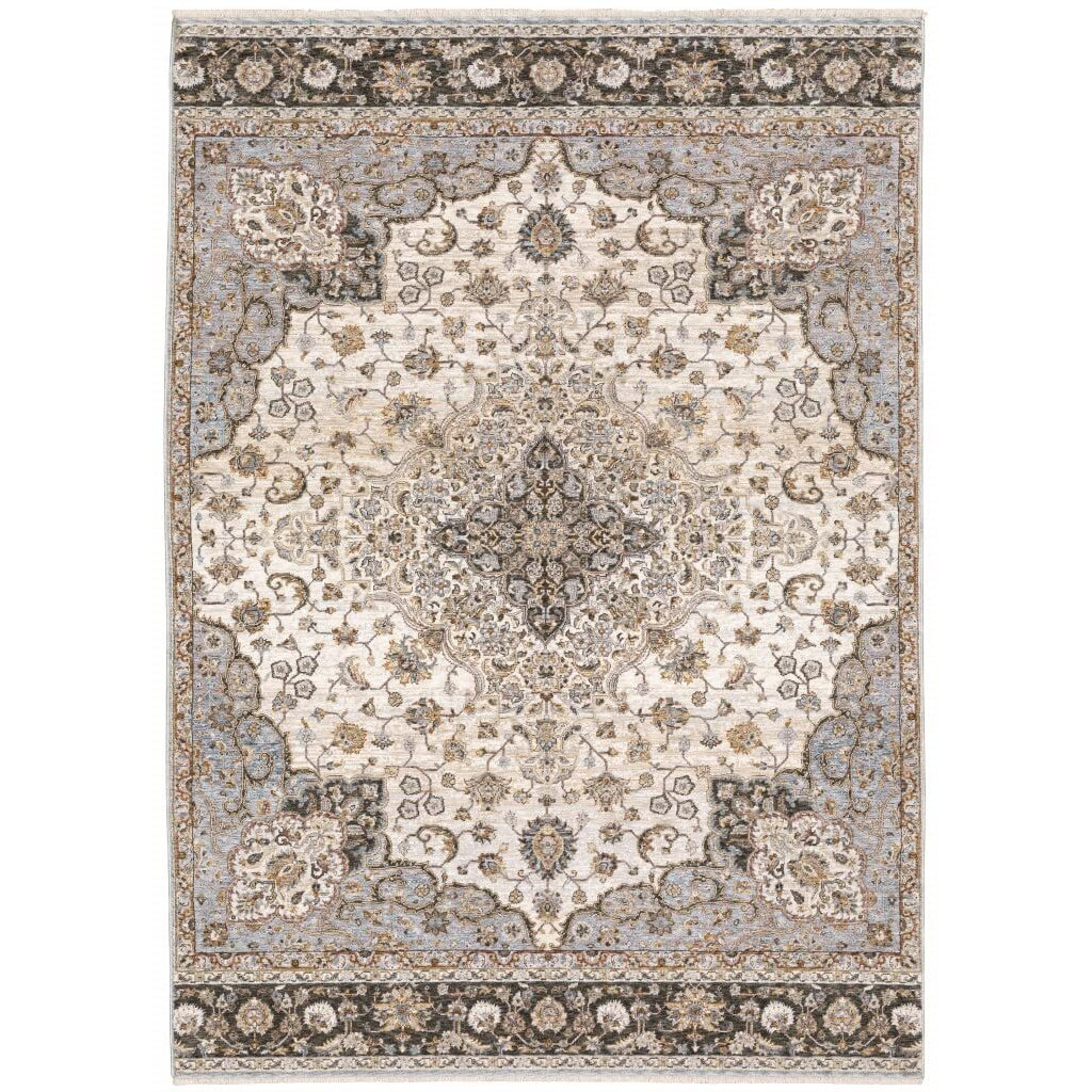 HomeRoots 509372 10 x 13 ft. Ivory & Blue Oriental Power Loom Stain Resistant Rectangle Area Rug with Fringe