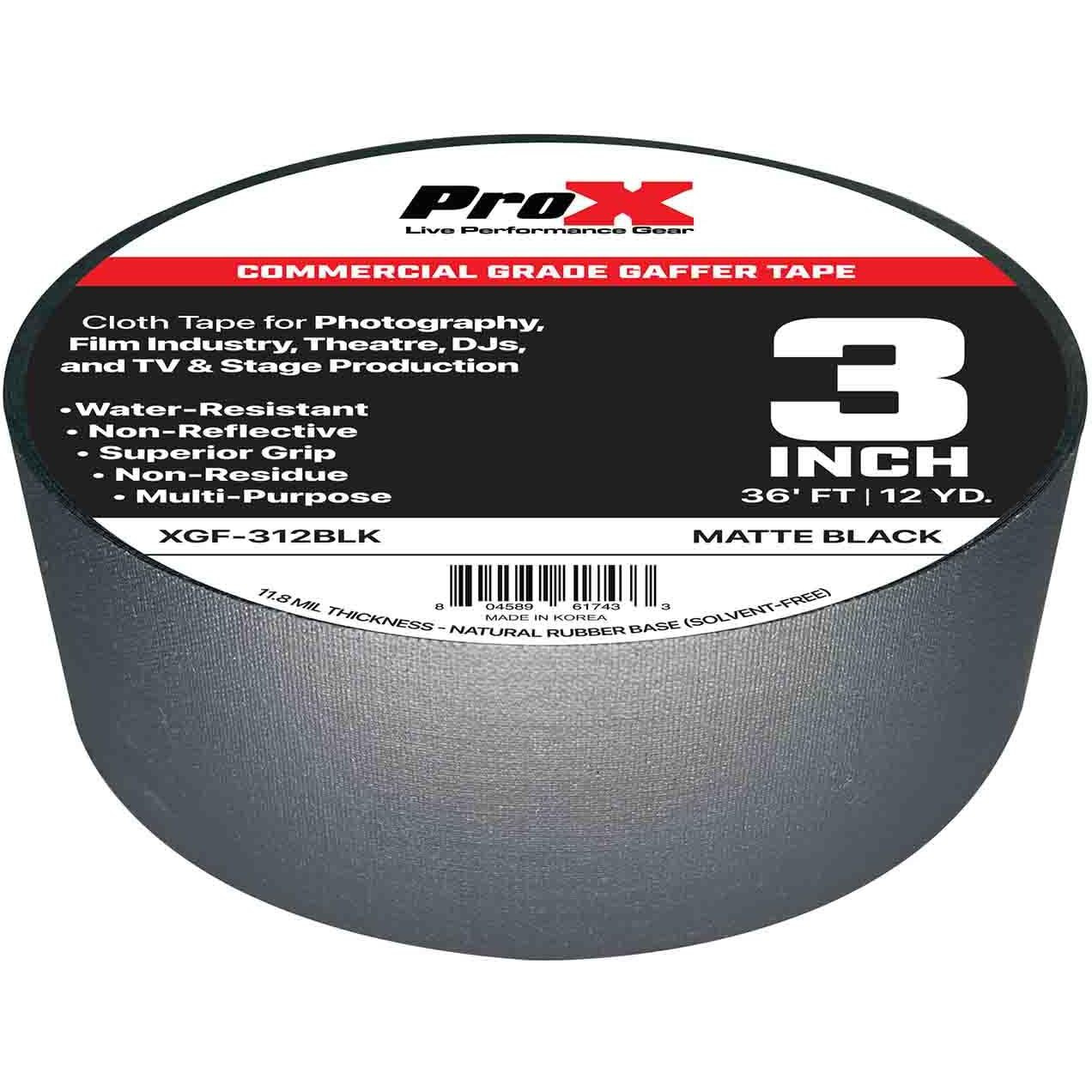 Prox XGF-312BLK 3 Inch 36FT 12YD Matte Black Commercial Grade Gaffer Tape Pros Choice Non-Residue