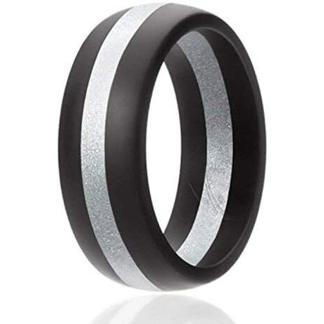 ROQ Silicone Rubber Wedding Ring for Men, Comfort Fit, Men's Wedding Band, Breathable Rubber Engagement Band, 8mm Wide 2mm Thick, Dome Style Middle Line, Solid Stripes, Single, Black & Silver, Size 8