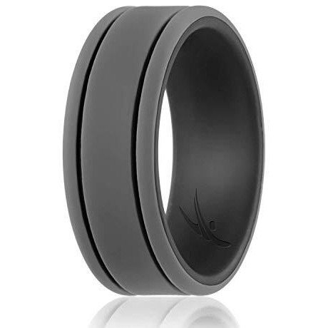 ROQ Silicone Rubber Wedding Ring for Men, Comfort Fit, Men's Wedding Band, Breathable Rubber Engagement Band, 9mm Wide 2mm Thick, 2 Thin Lines Duo Collection, Single, Black & Grey, Size 11