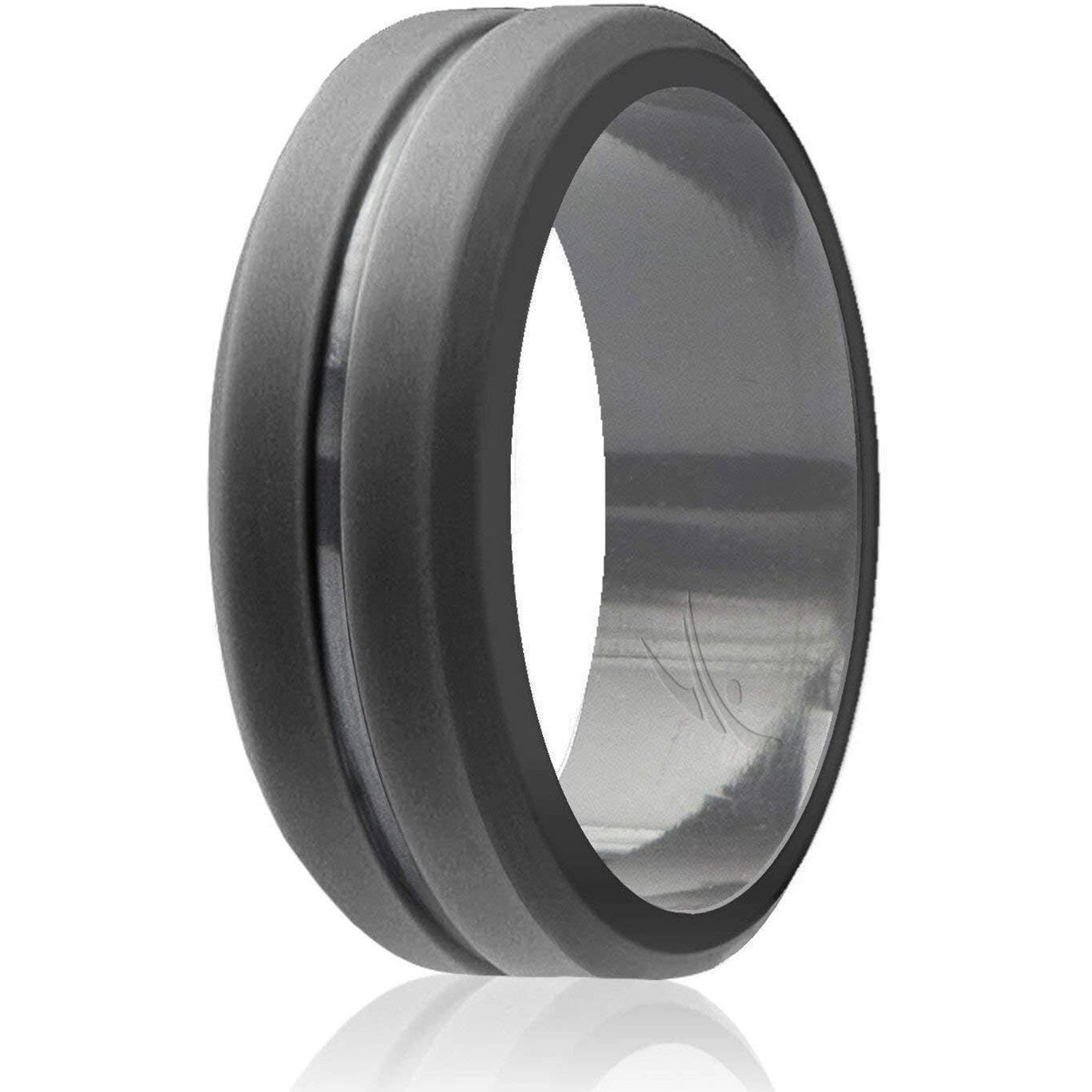 ROQ Silicone Rubber Wedding Ring for Men, Comfort Fit, Men's Wedding Band, Breathable Rubber Engagement Band, 8mm Wide 2mm Thick, Engraved Middle Line, Single, Grey, Size 9