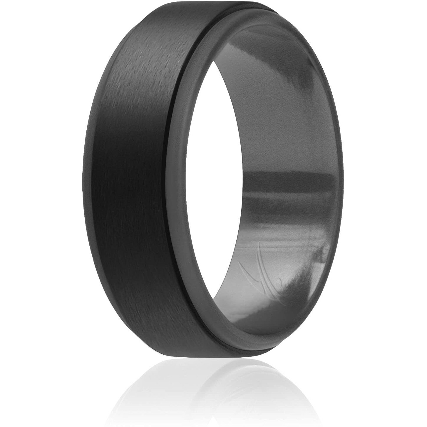 ROQ Silicone Rubber Wedding Ring for Men, Comfort Fit, Men's Wedding Band, Breathable Rubber Engagement Band, 8mm Wide 2mm Thick, Step Edge Duo, Single, Grey & Black, Size 8