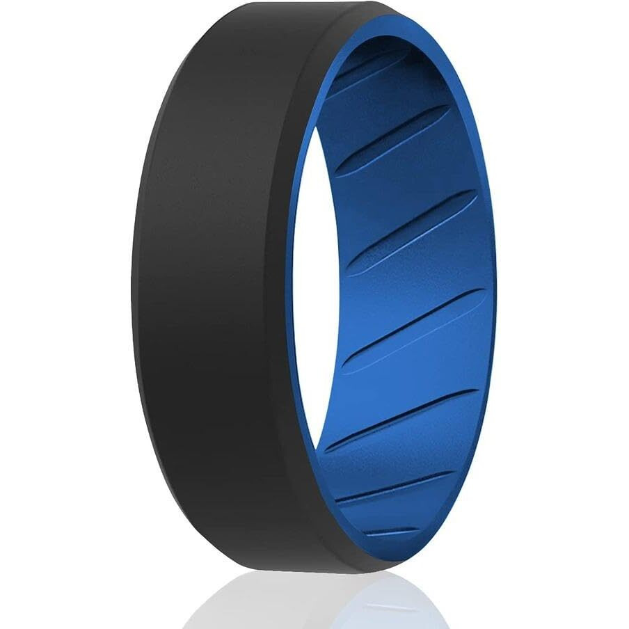 ROQ Silicone Rubber Wedding Ring for Men, Comfort Fit, Men's Wedding Band, Breathable Rubber Engagement Band, 8mm Wide 2mm Thick, Beveled Duo, Single, Black & Light Blue, Size 11